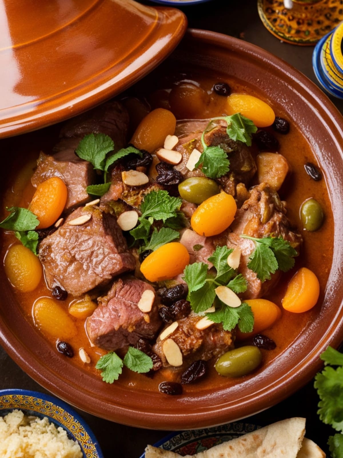 Aromatic lamb tagine with tender meat, dried fruits, and olives in rich sauce, garnished with herbs and almonds