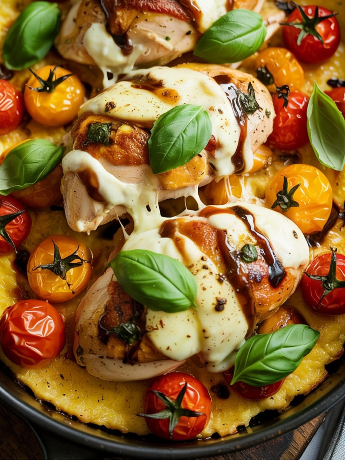Bubbling Caprese chicken breasts nestled in creamy polenta with melted mozzarella and cherry tomatoes