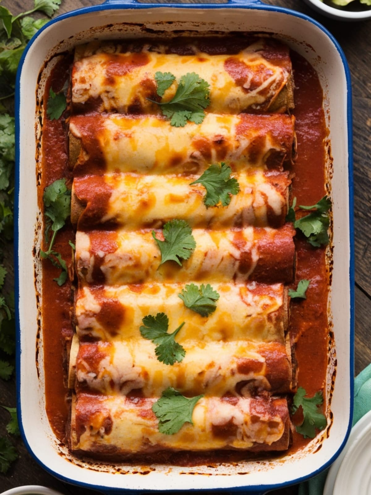 Bubbling beef enchiladas with golden cheese crust, served with fresh avocado and sour cream garnishes