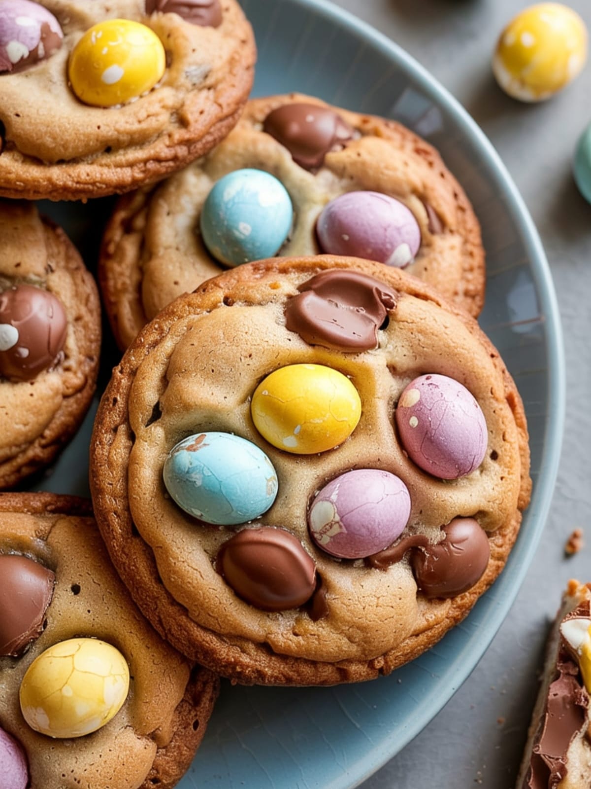 Chunky chocolate cookies loaded with colorful mini eggs, one broken to show gooey interior