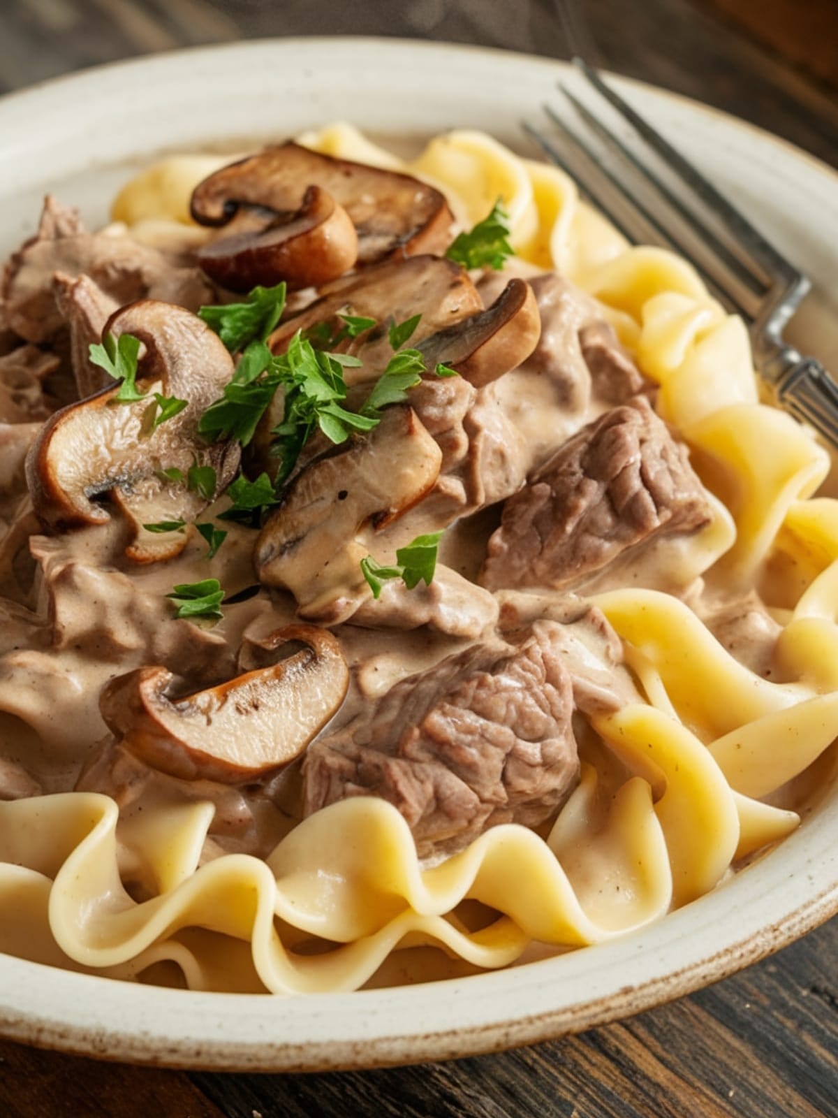 Creamy beef stroganoff with tender meat strips and mushrooms over egg noodles, garnished with parsley