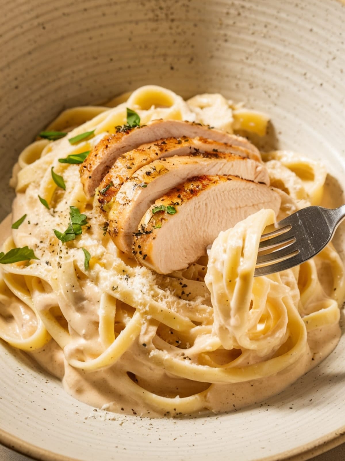 Creamy fettuccine twirled with juicy chicken slices, sauce clinging perfectly to each strand