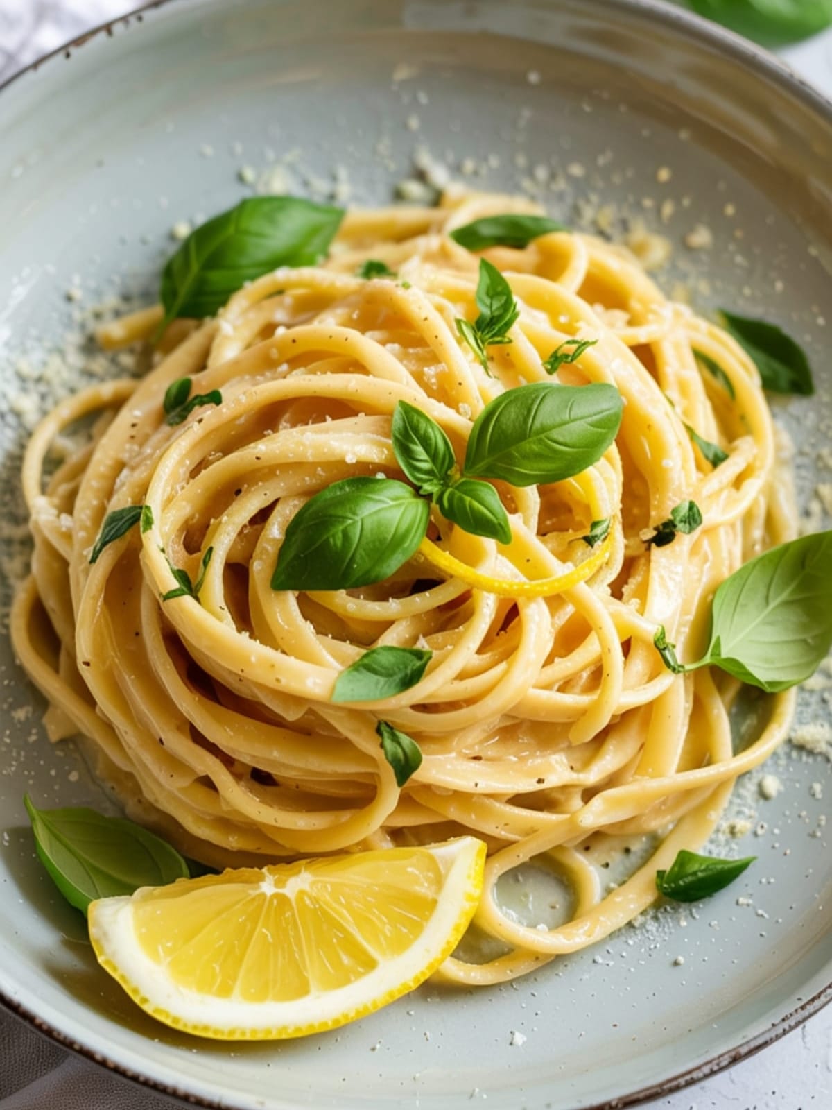 Creamy lemon ricotta pasta topped with basil and Parmesan in a white bowl with fresh lemon wedge