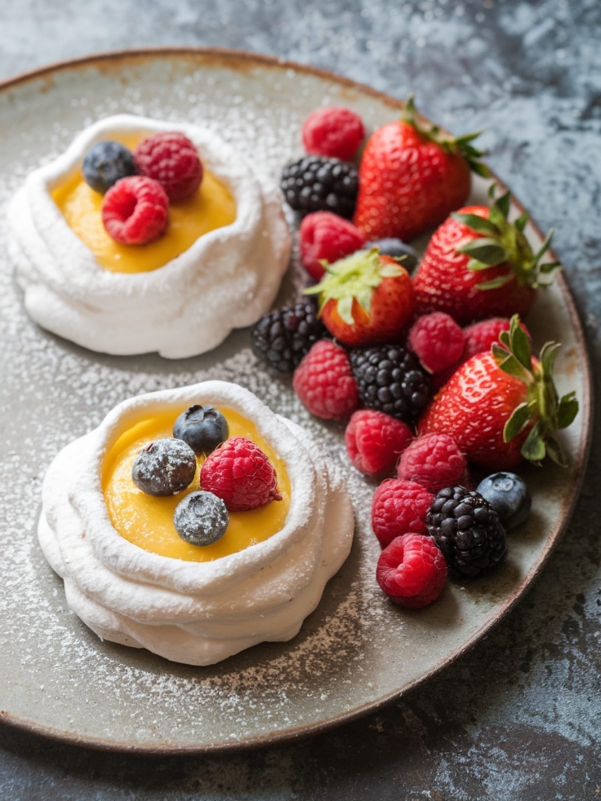 Delicate meringue nests filled with sunny lemon curd and fresh berries for Easter dessert