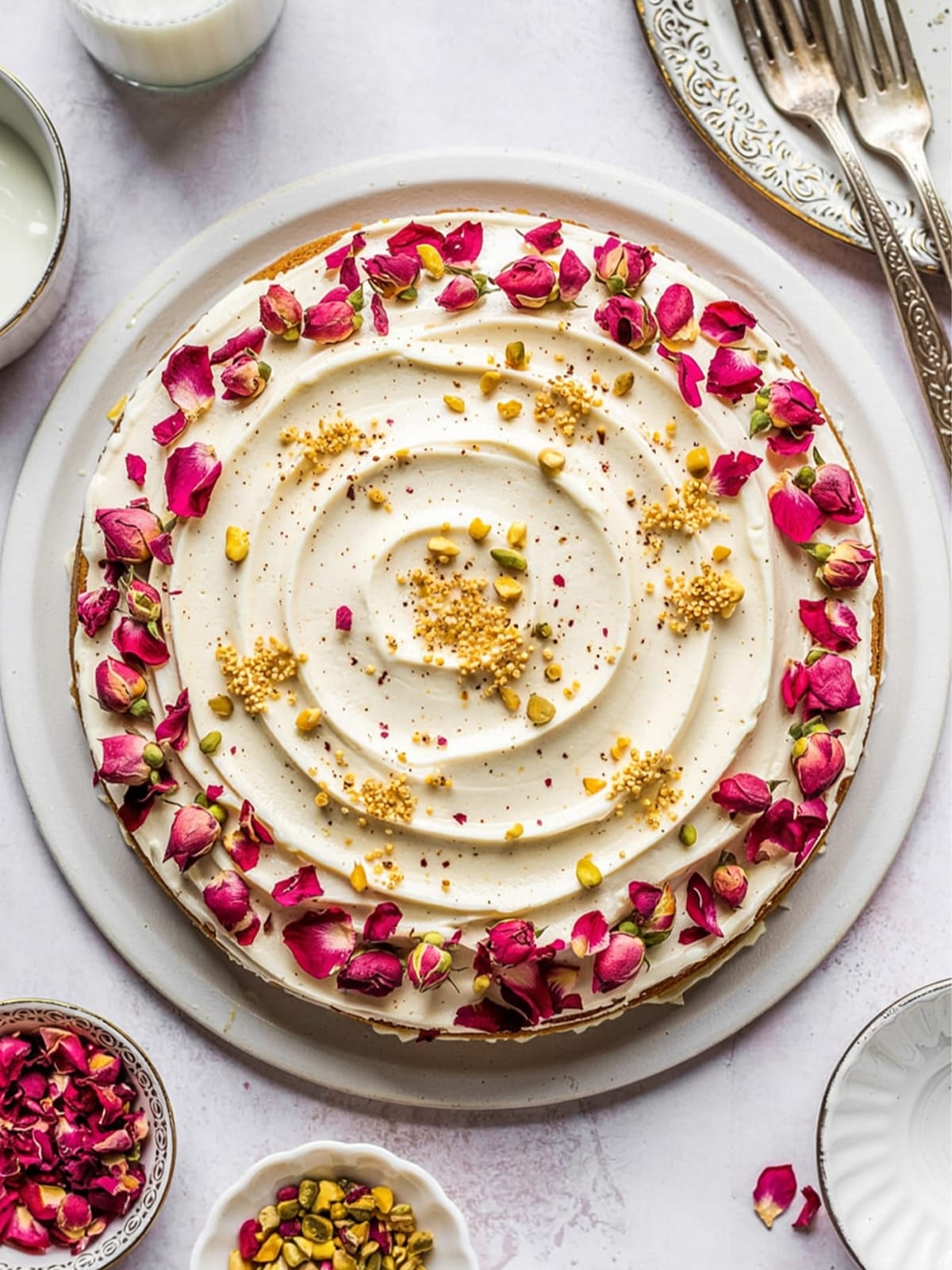 Elegant pistachio cake with creamy frosting, adorned with nuts and delicate rose petals