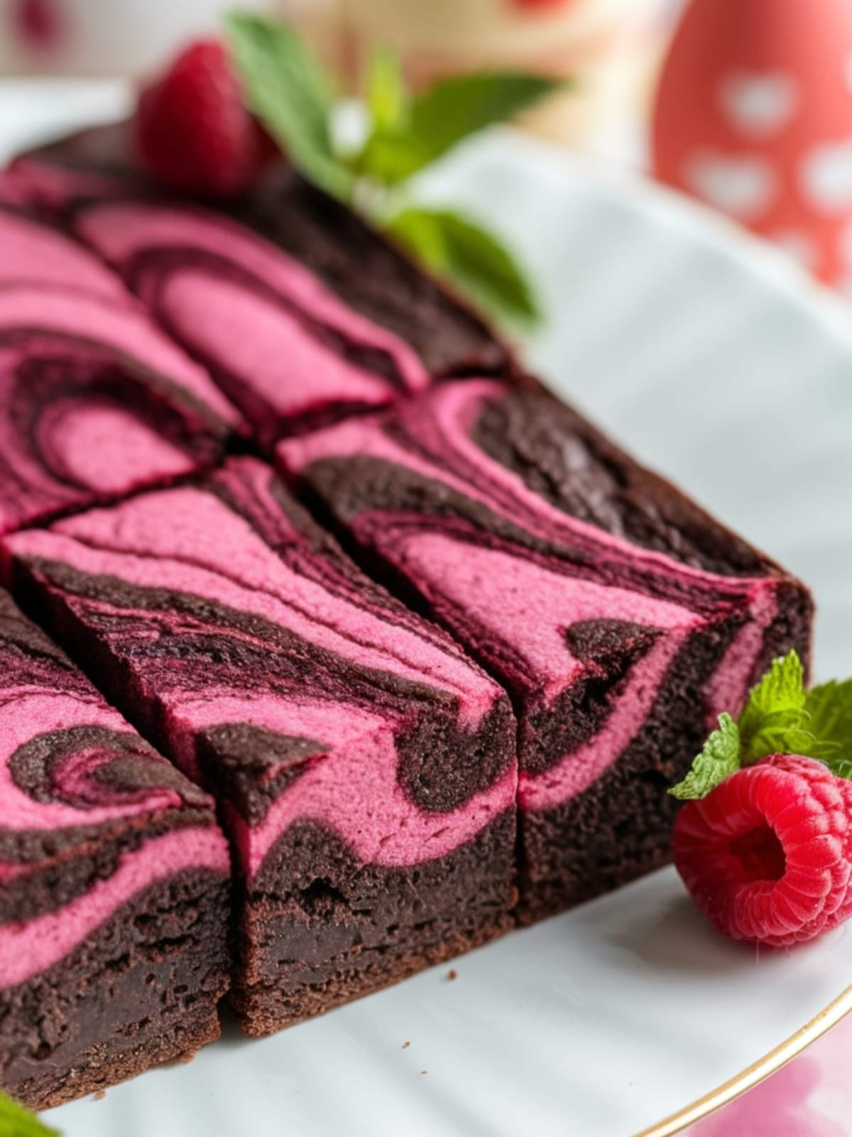 Fudgy chocolate brownie with vibrant raspberry swirls on white plate with Easter accents