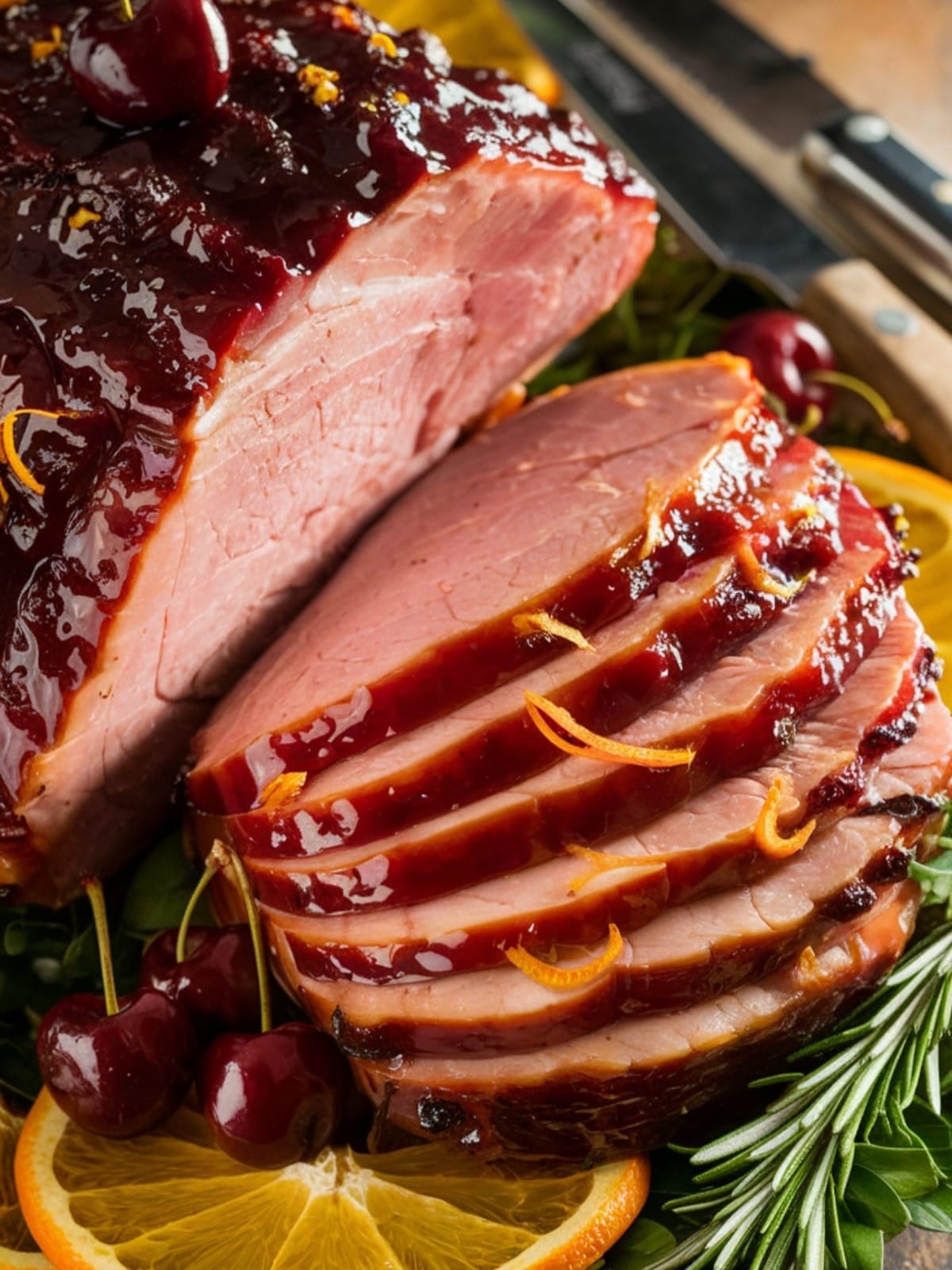 Glistening spiral-cut ham with deep burgundy cherry bourbon glaze, garnished with fresh cherries and herbs