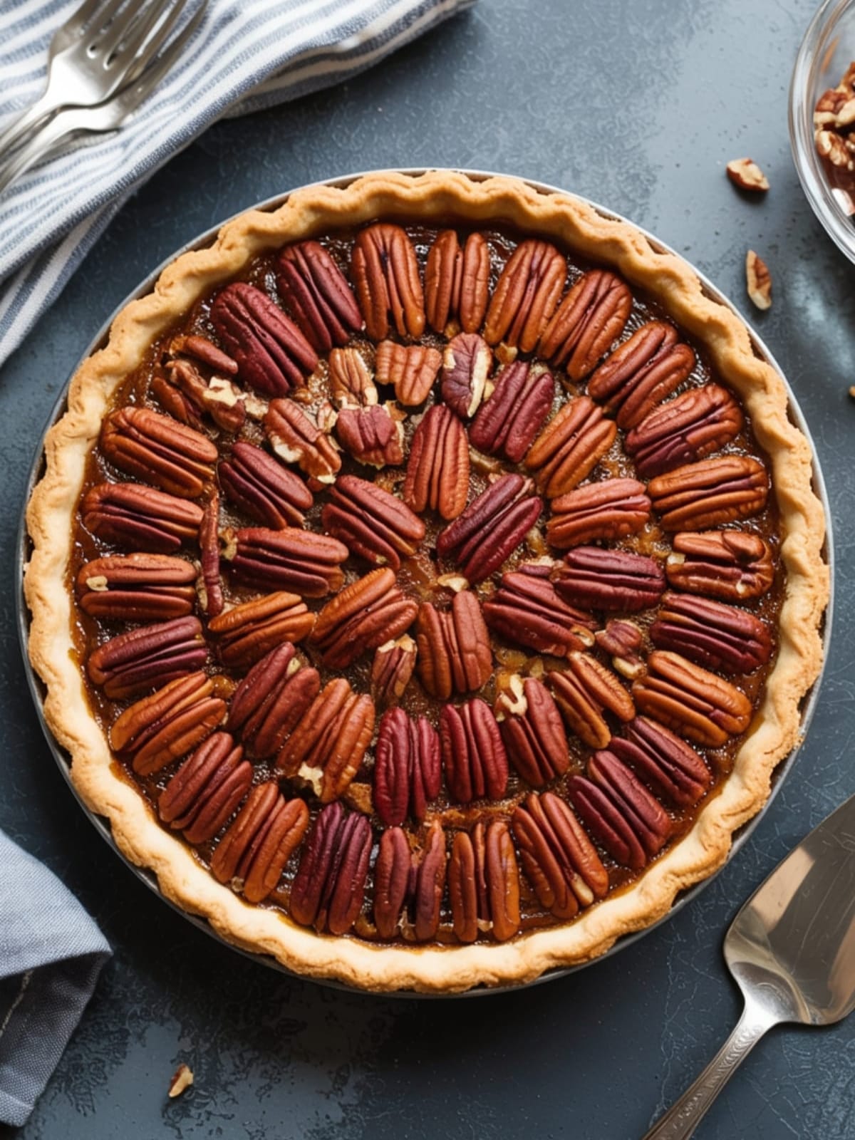 Glossy caramel pecan Easter tart with golden crust, decorated with chocolate drizzle and mini eggs