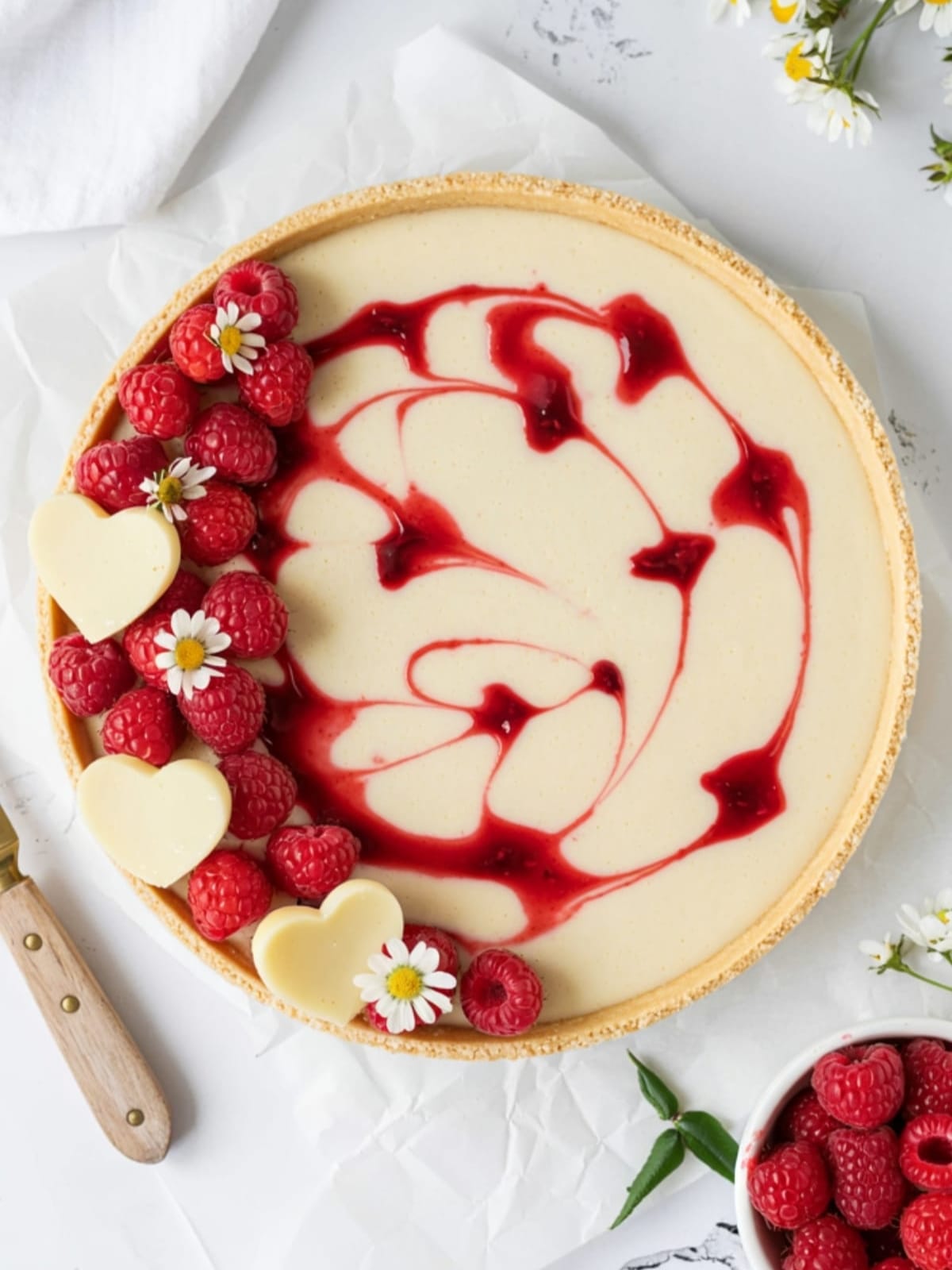 Glossy raspberry-topped white chocolate tart