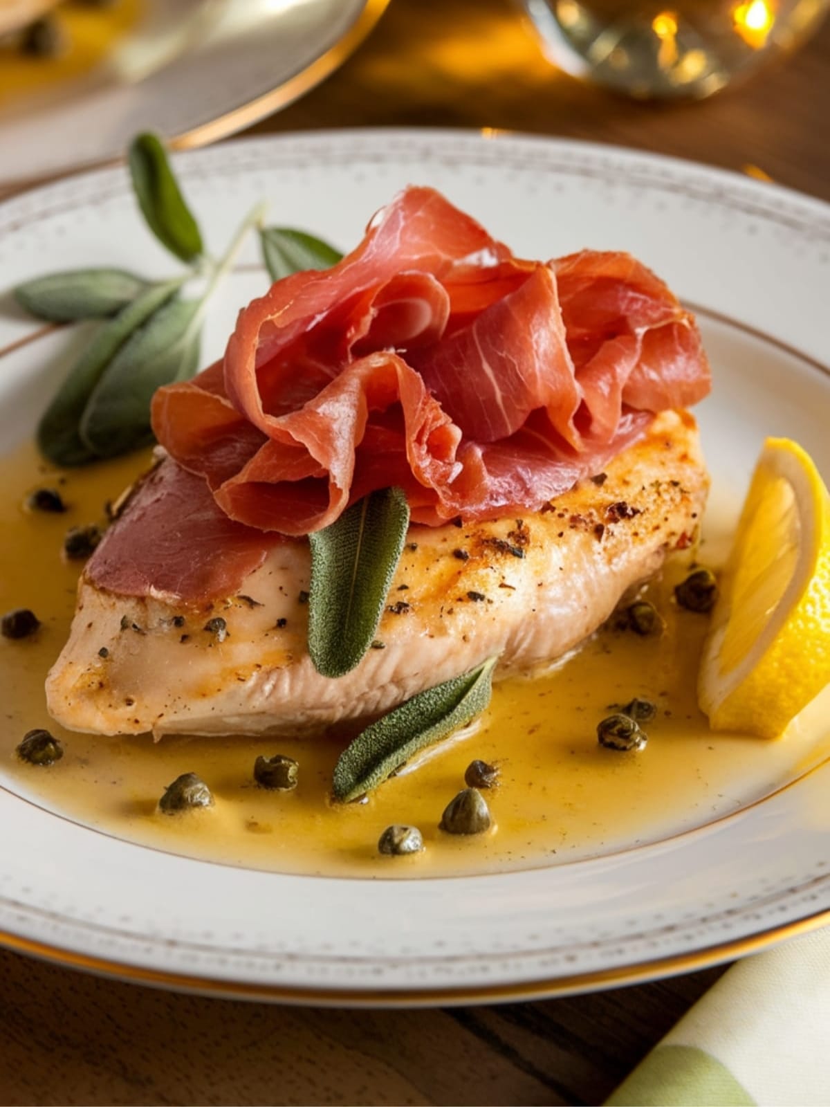 Golden chicken topped with crispy prosciutto and sage in a silky white wine sauce with fresh garnishes