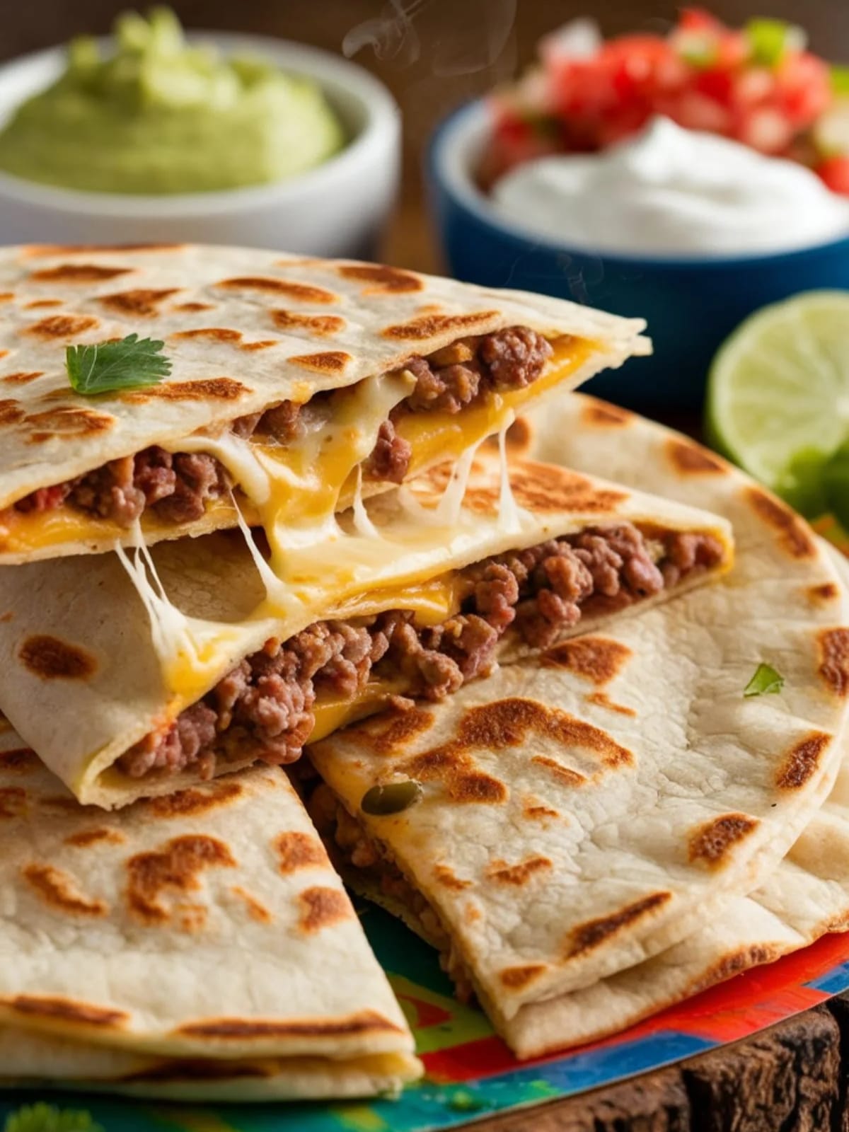 Golden crispy quesadilla revealing melty cheese pulls and seasoned beef filling with colorful toppings