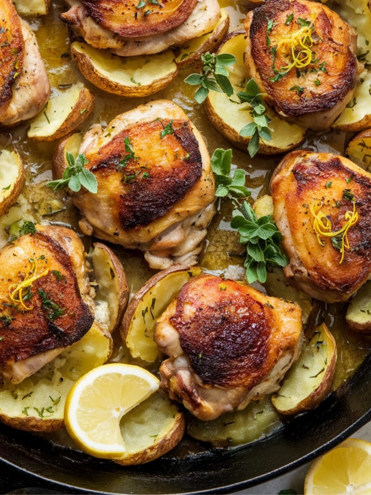 Golden crispy-skinned chicken nestled among herb-flecked smashed potatoes, glistening with lemony butter sauce