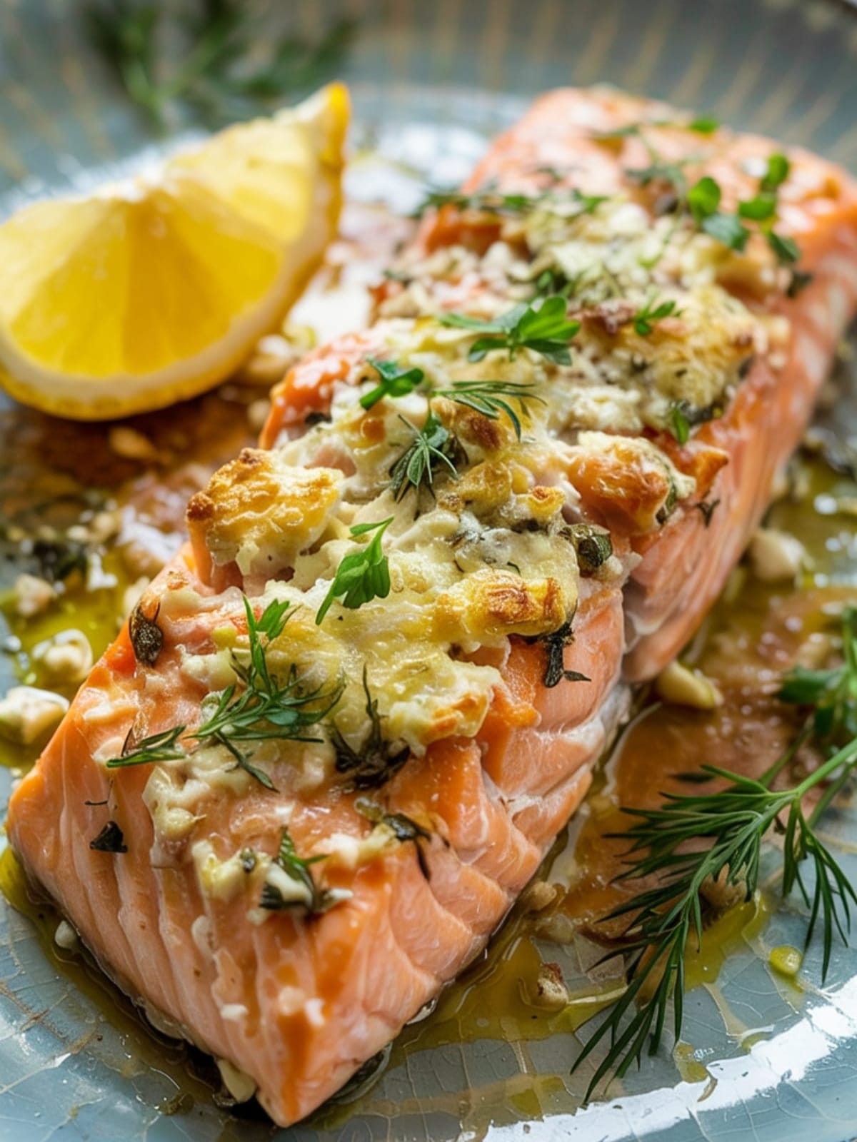 Golden feta and herb crusted salmon fillet with flaky interior and fresh lemon wedge