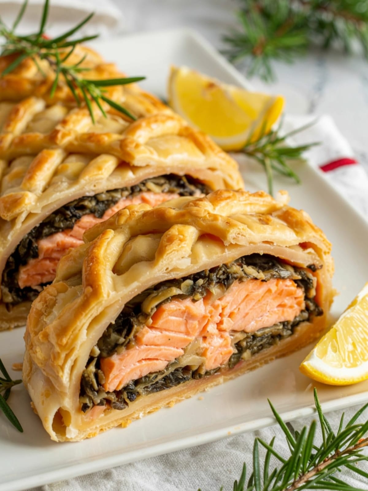Golden puff pastry Salmon En Croute sliced open revealing pink salmon and herb filling