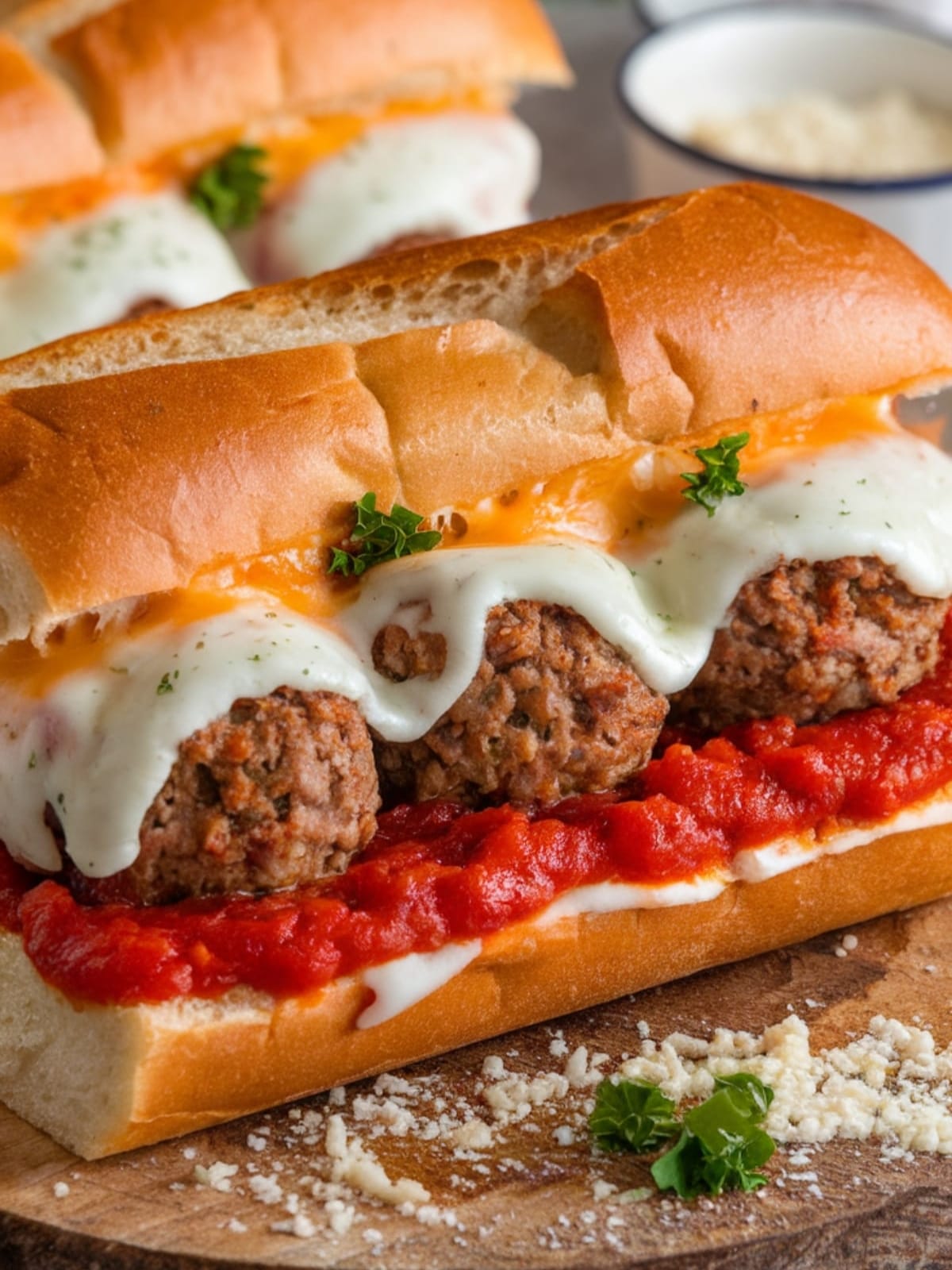 Golden toasted sub roll filled with plump meatballs in marinara sauce, topped with melty cheese pull