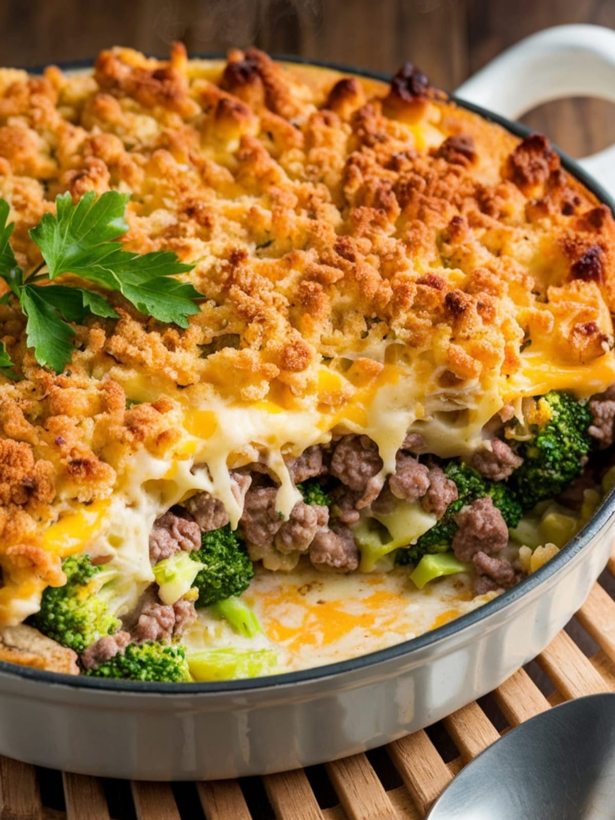 Golden-topped beef and broccoli casserole with melty cheese and crisp breadcrumbs, revealing savory layers