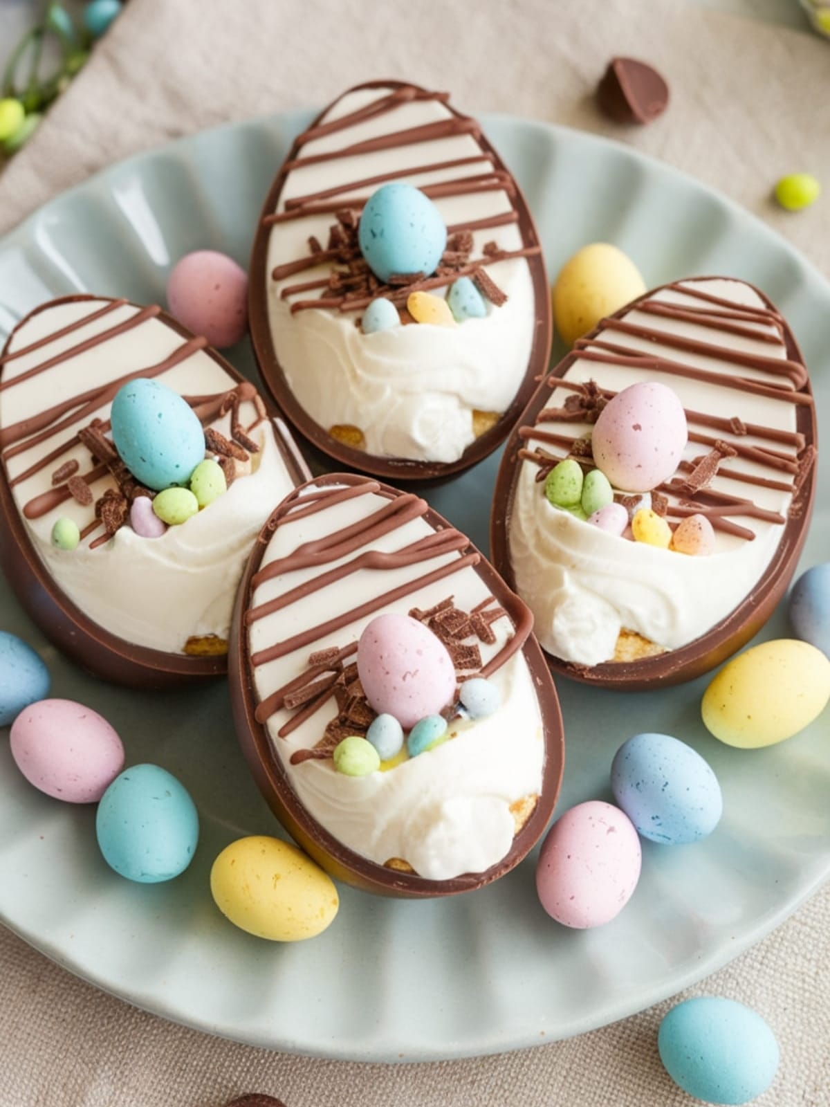 Halved chocolate eggs filled with creamy cheesecake, decorated with pastel candy eggs and chocolate bunnies
