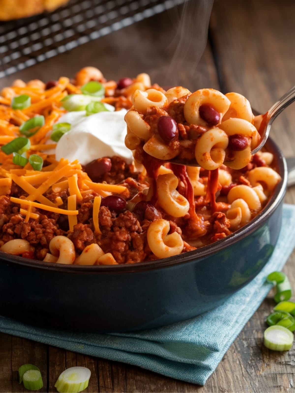 Hearty chili macaroni with melty cheese, ground beef, and beans in a rustic bowl with cornbread