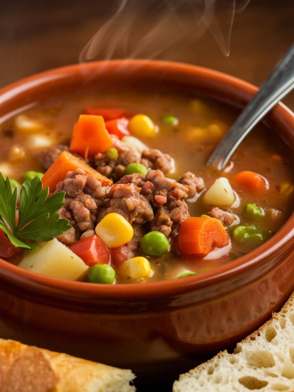 Hearty hamburger soup with colorful vegetables in rich tomato broth, garnished with fresh herbs