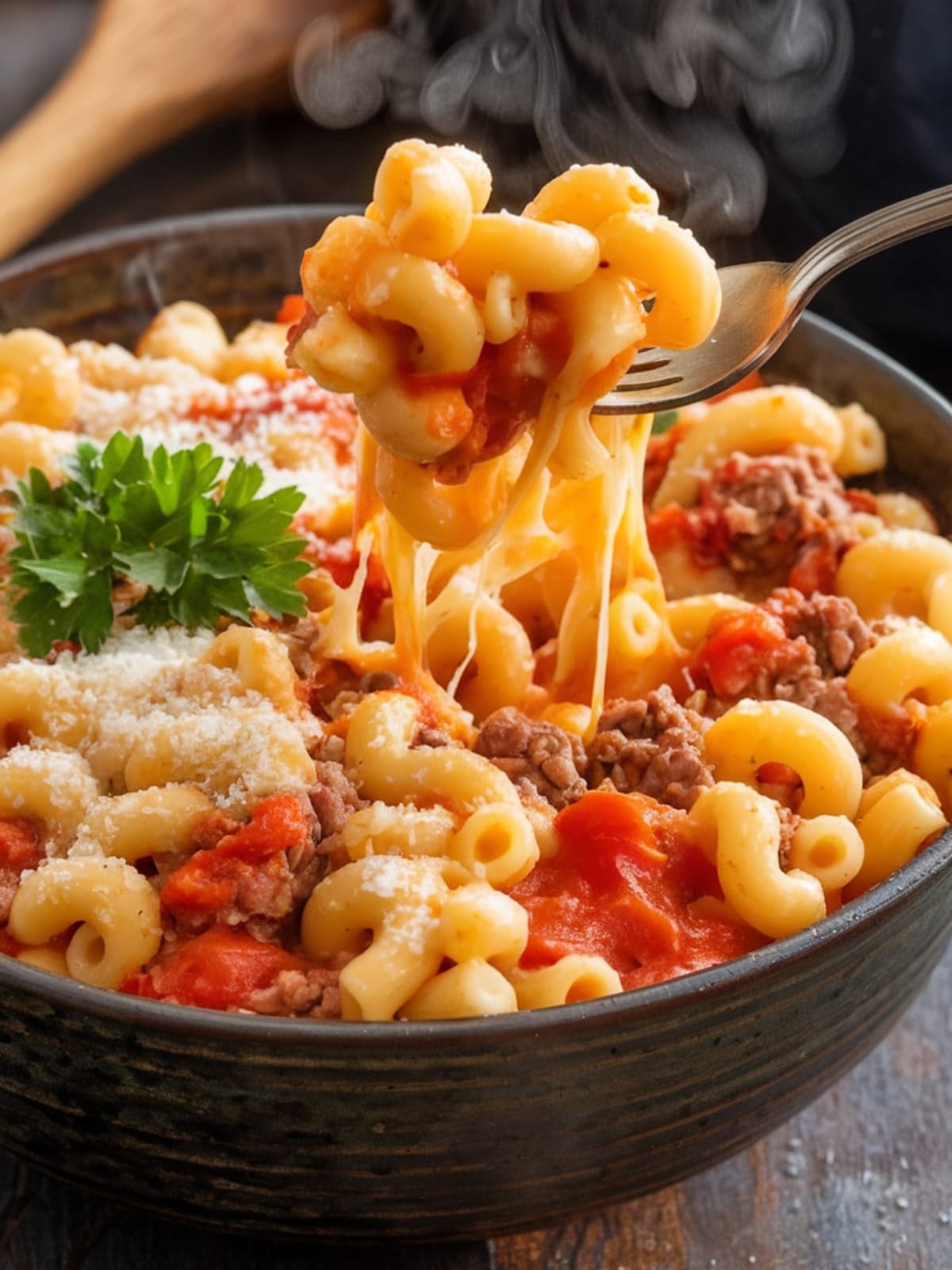 Hearty one-pot cheesy beef and macaroni with melted cheese pulls and fresh herb garnish