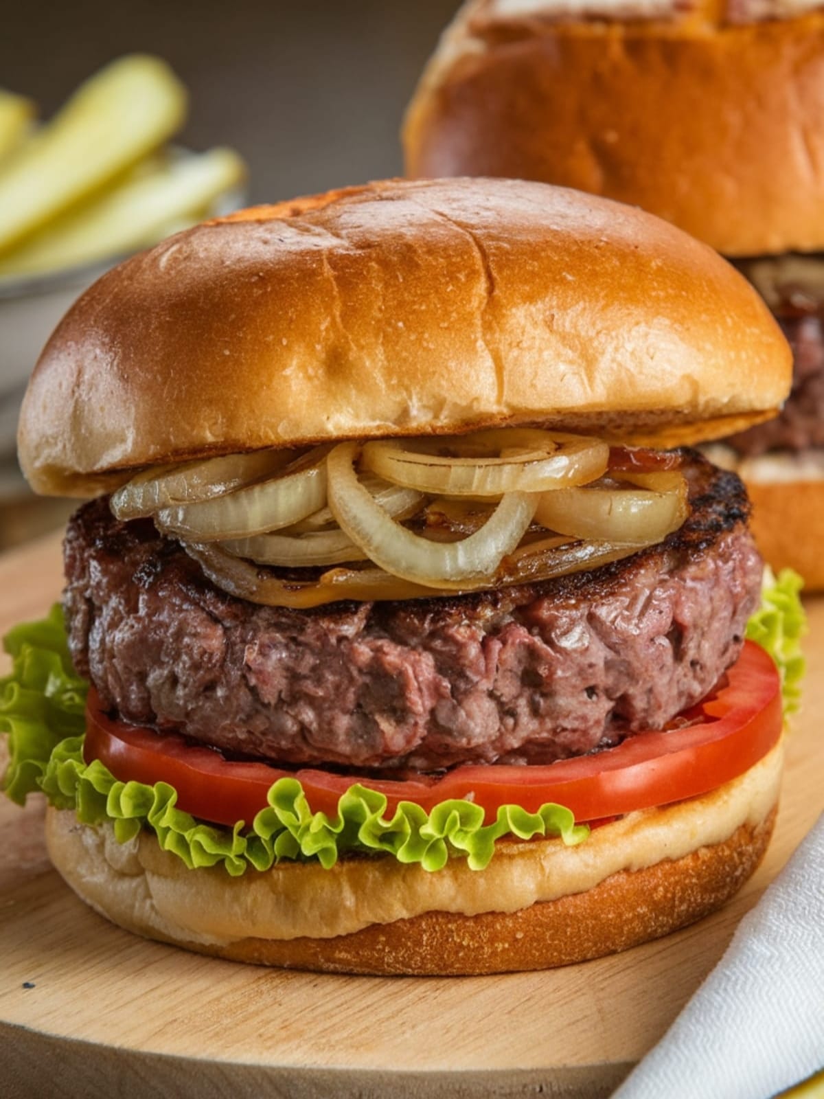 Juicy beef burger with melted cheese and golden caramelized onions on toasted brioche bun