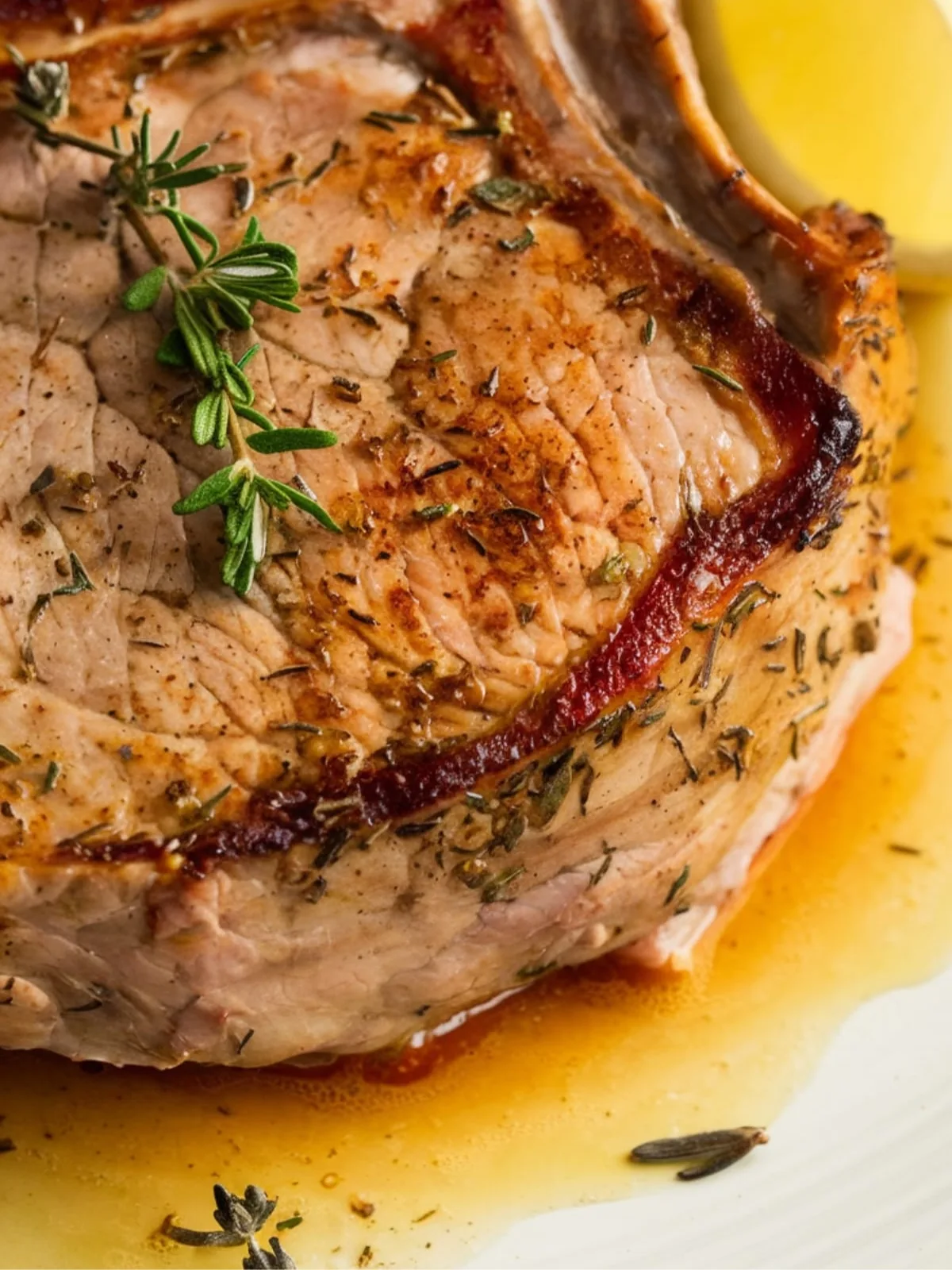 Juicy golden-brown pork chop with herb crust, revealing perfectly tender pink center when sliced