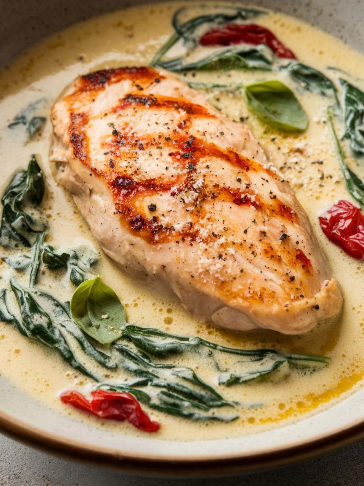 Juicy seared chicken breast in creamy sauce with vibrant sun-dried tomatoes and fresh spinach