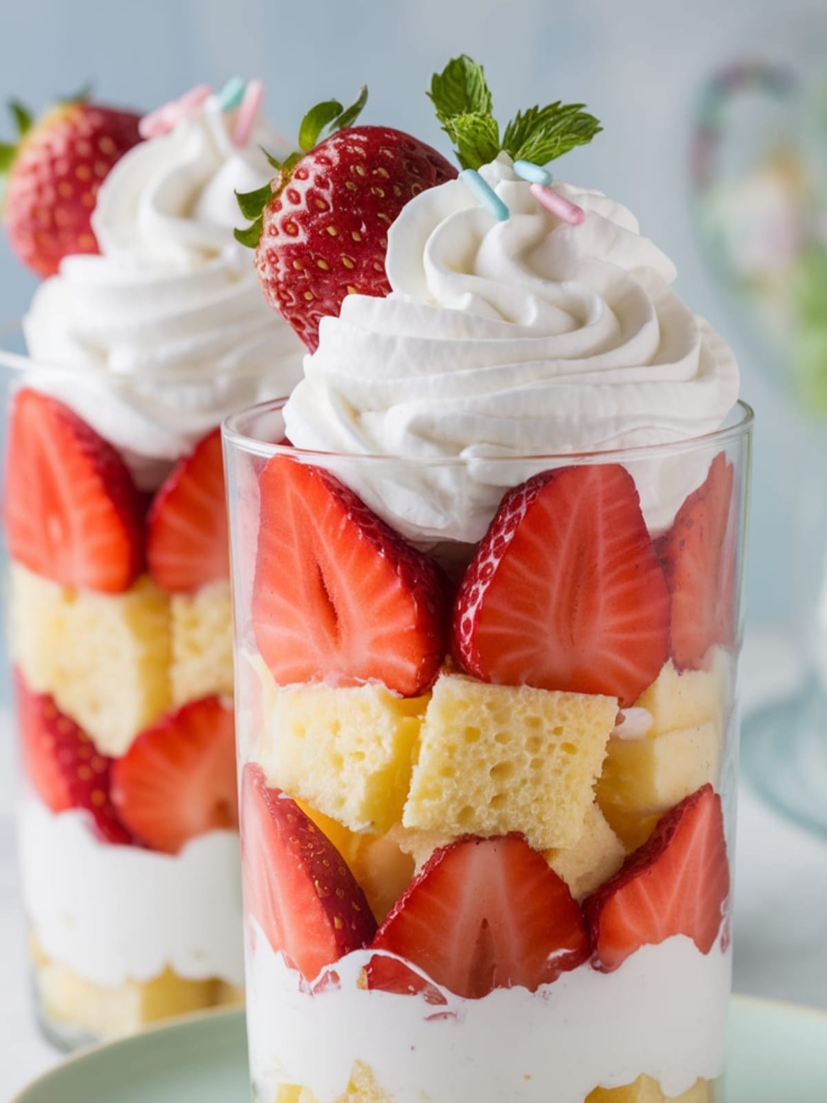 Layered strawberry shortcake parfait in a clear glass with fresh berries and spring-colored sprinkles