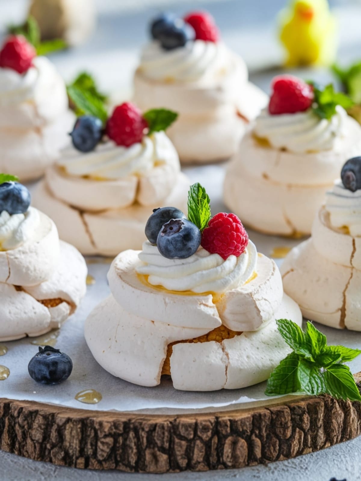 Mini pavlovas topped with cream and fresh berries, arranged on a blue Easter platter
