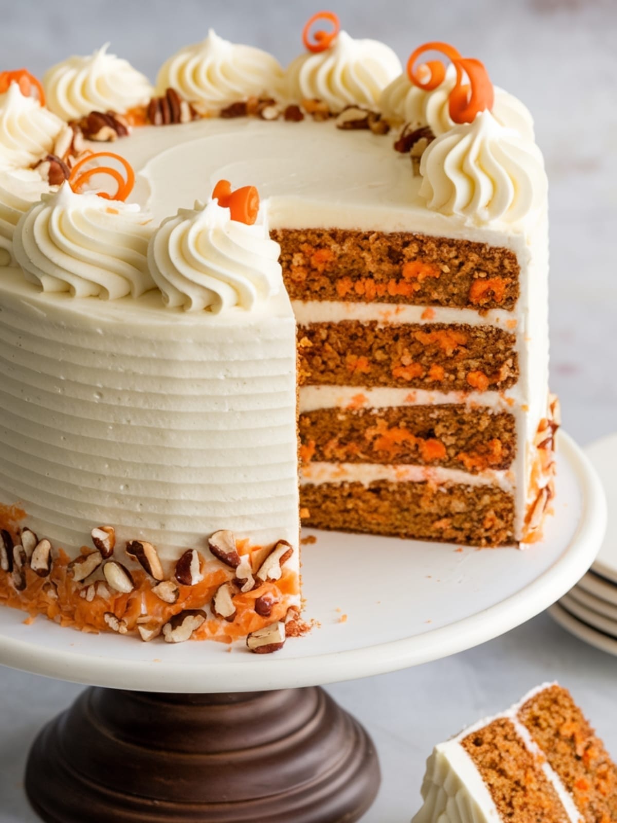 Moist two-layer carrot cake with fluffy cream cheese frosting, decorated with nuts and displaying perfect spiced texture