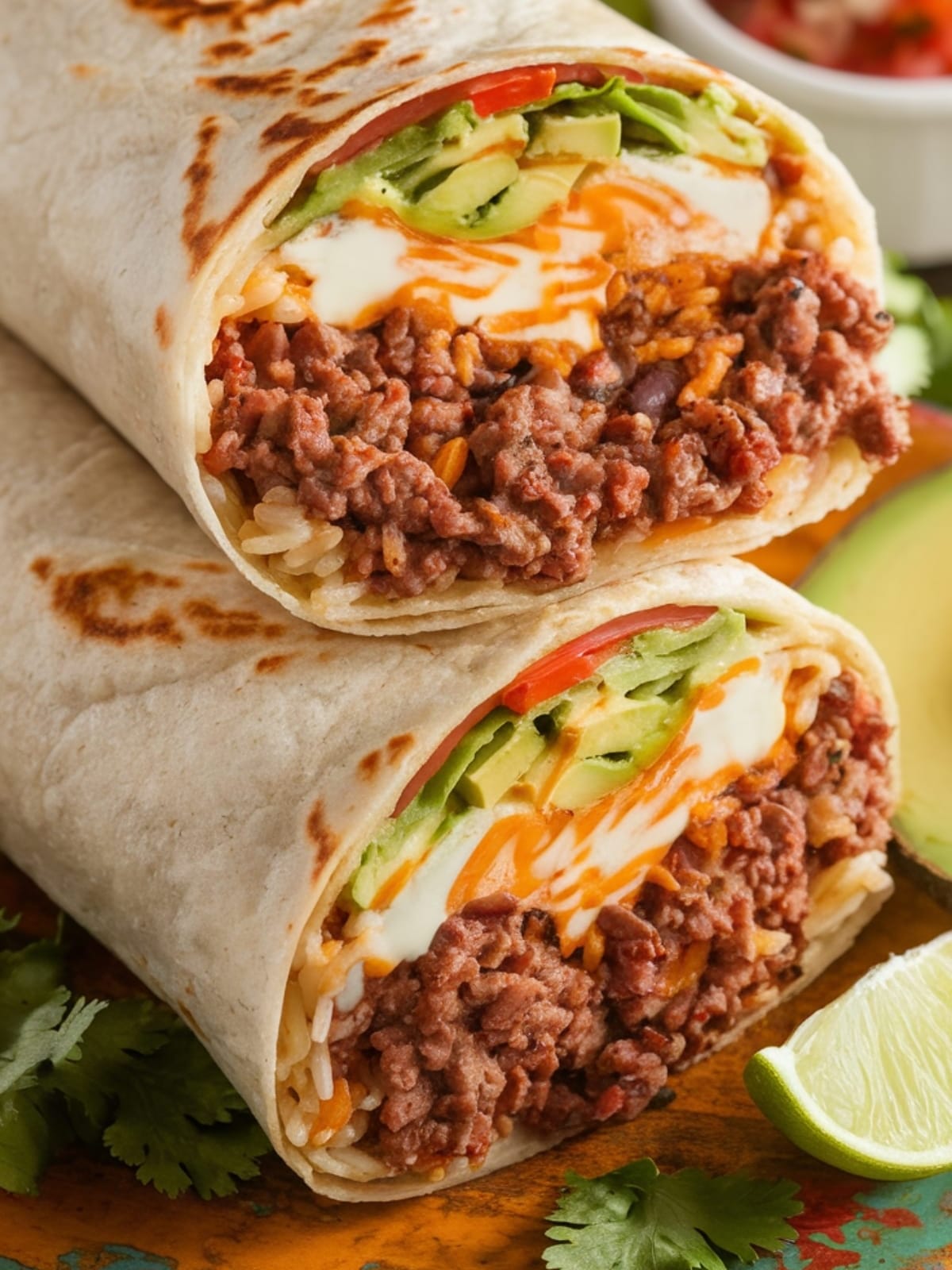 Perfectly rolled beef burrito cut to reveal colorful layers of seasoned meat, rice, beans, and fresh toppings