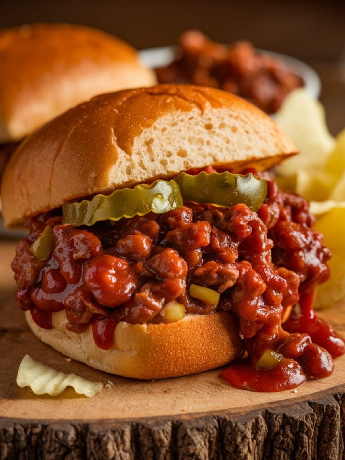 Perfectly saucy sloppy joe sandwich on toasted bun with meat filling spilling out the sides