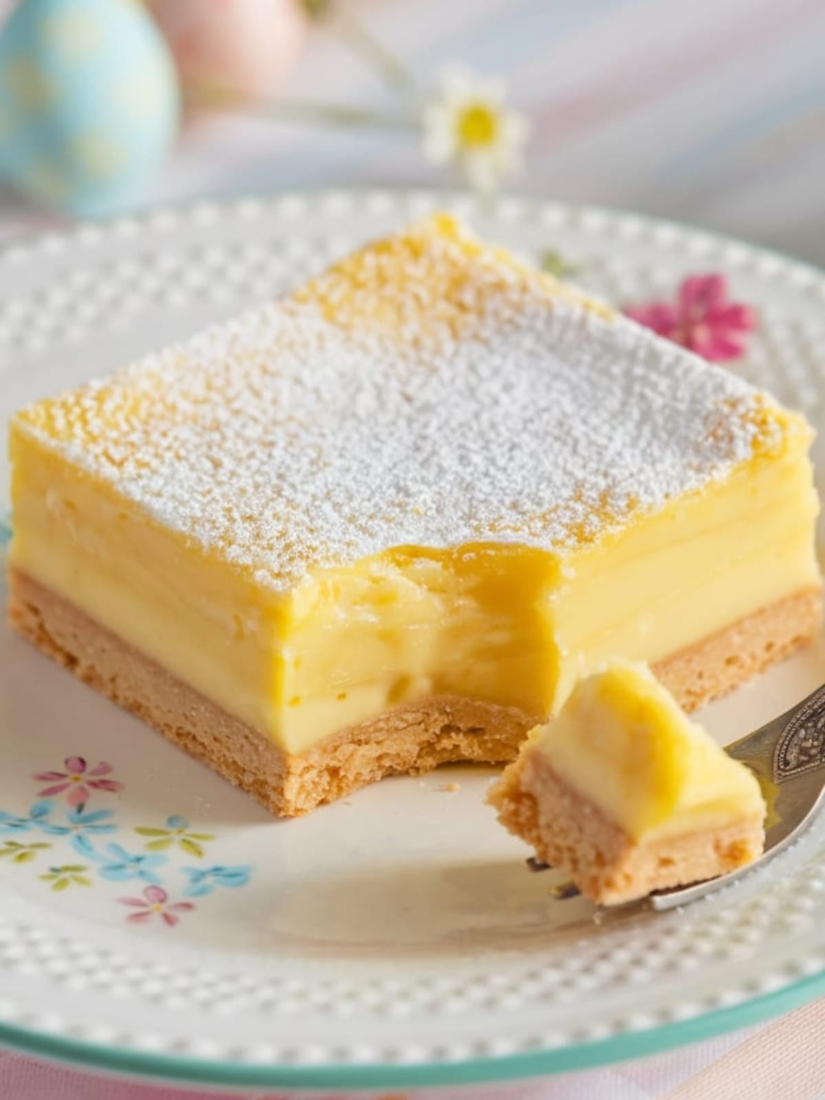 Pioneer Woman lemon bar with bright yellow filling on shortbread crust, dusted with powdered sugar