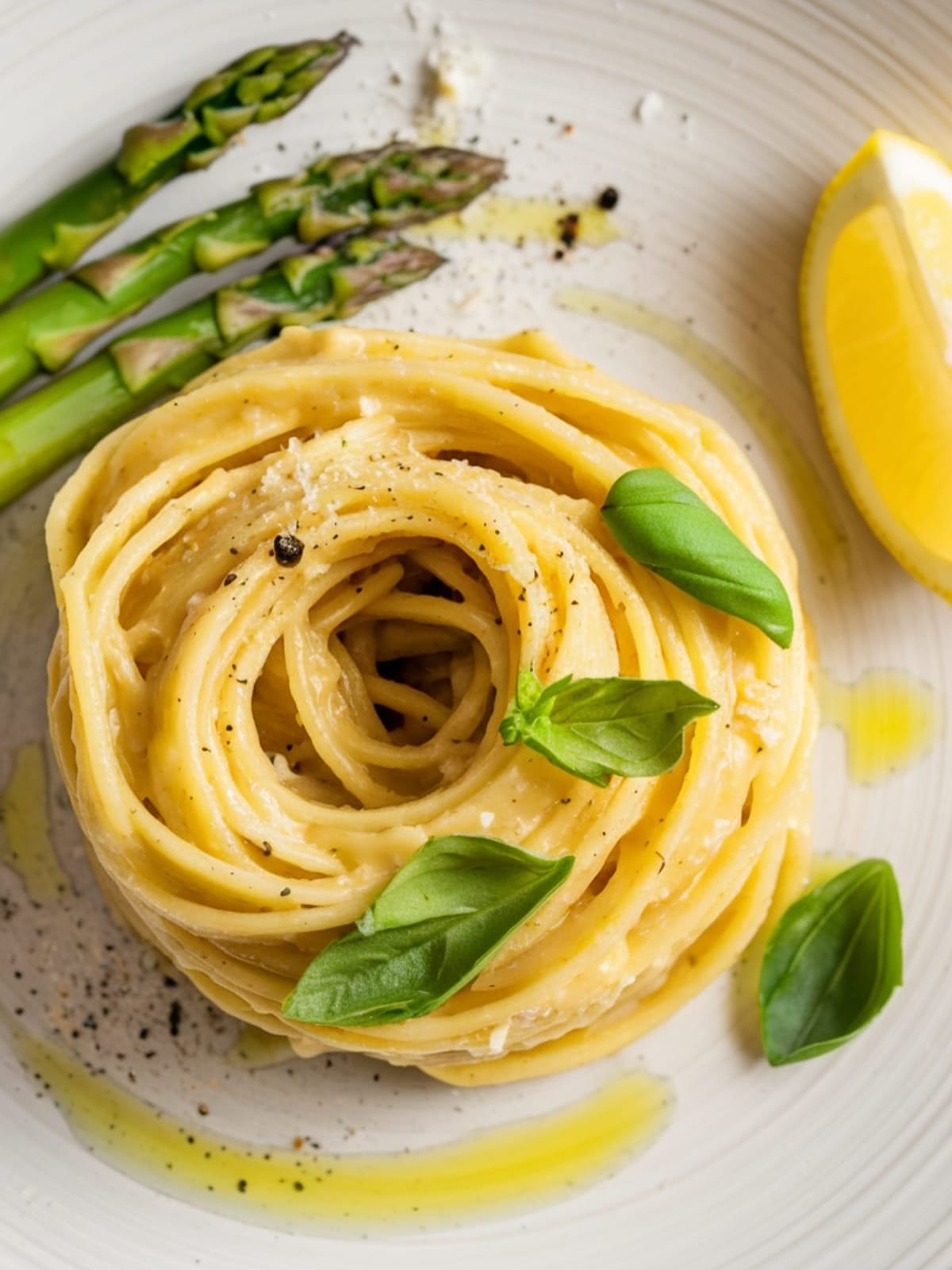 Twirled pasta with bright green asparagus pieces, lemon zest flecks, and fresh basil in a light, glossy sauce