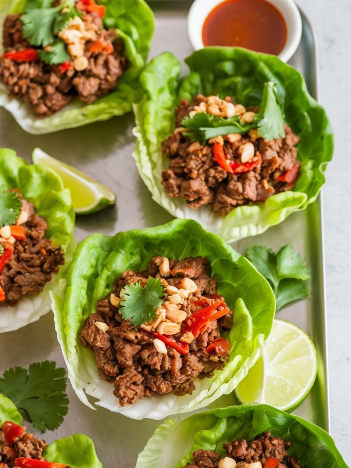 Vibrant beef lettuce wraps with glossy Asian-inspired filling, topped with peanuts and herbs
