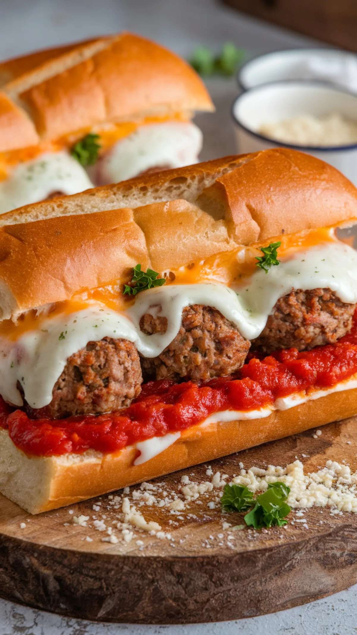 Golden toasted sub roll filled with plump meatballs in marinara sauce, topped with melty cheese pull
