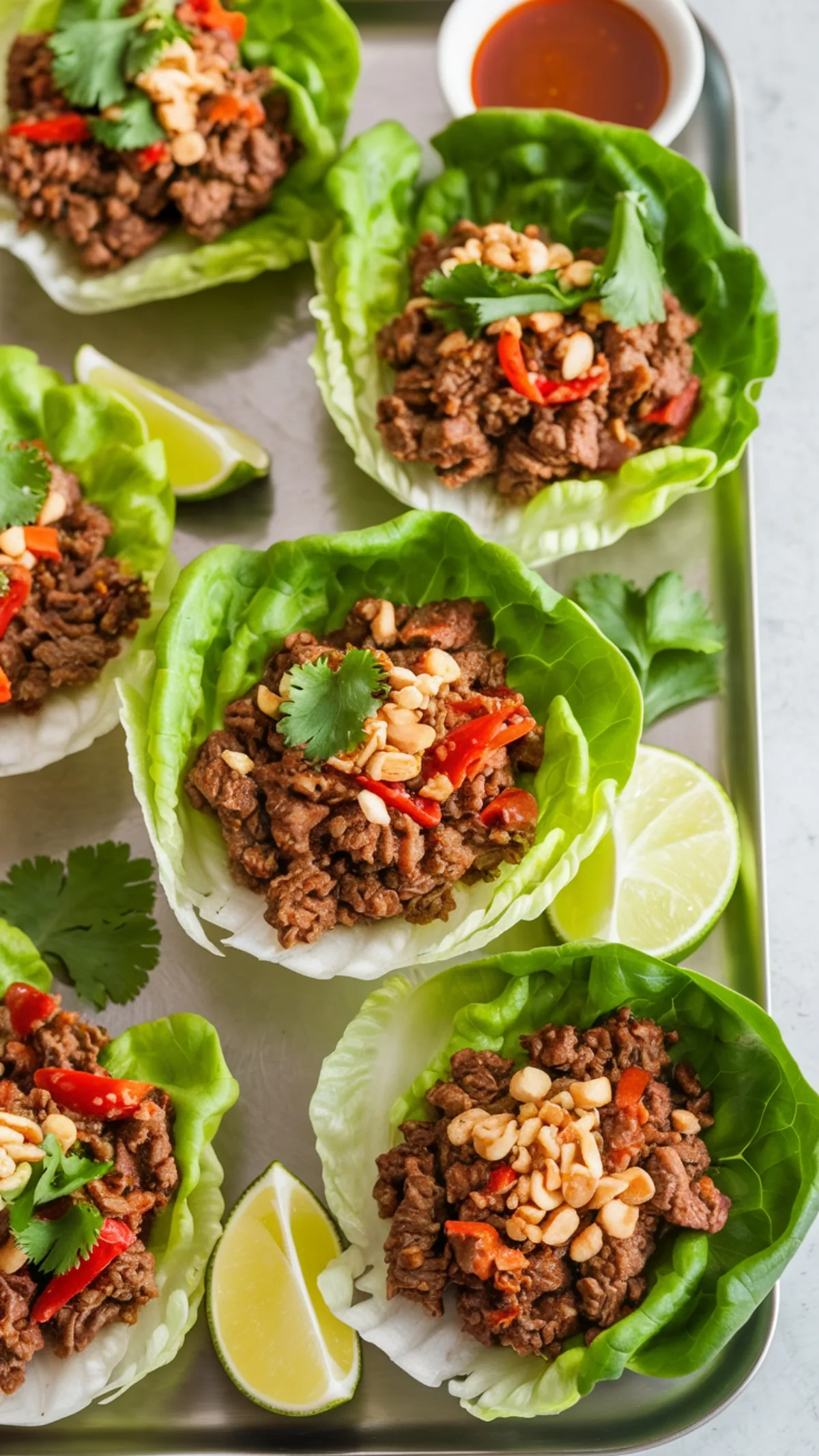 Vibrant beef lettuce wraps with glossy Asian-inspired filling, topped with peanuts and herbs