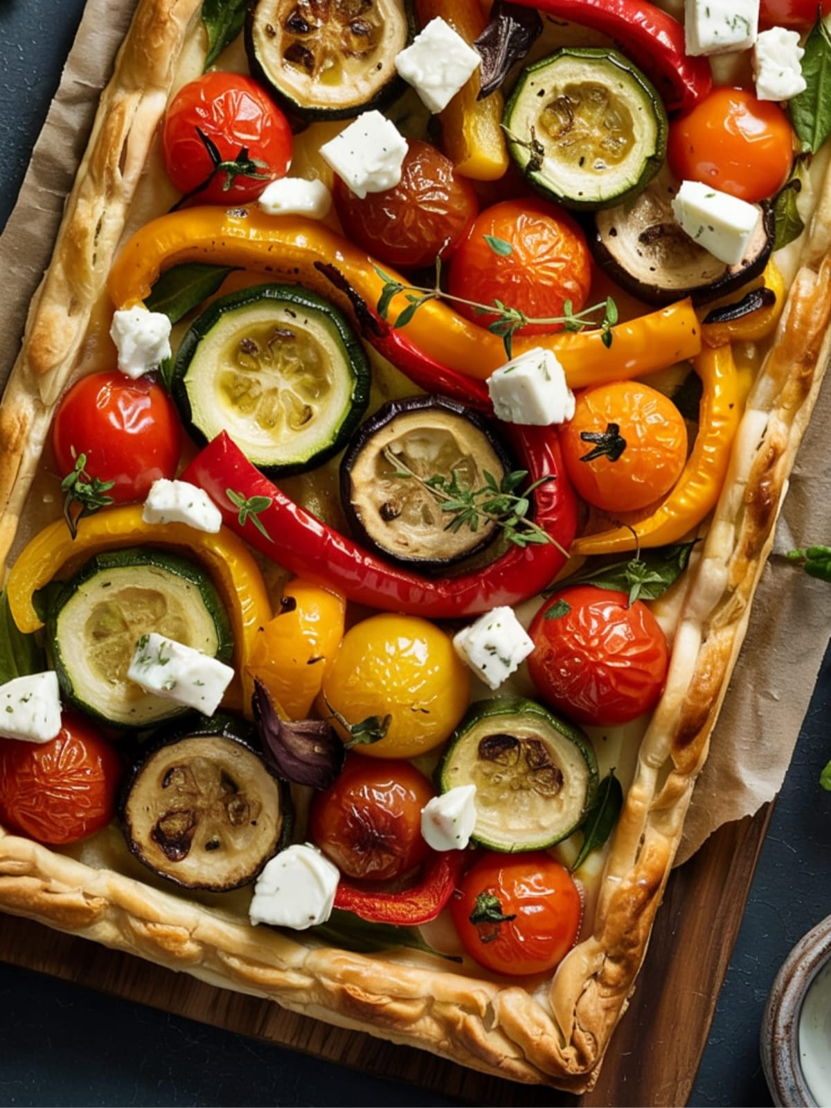 A rustic Mediterranean tart with golden pastry, colorful roasted vegetables, and crumbled feta cheese