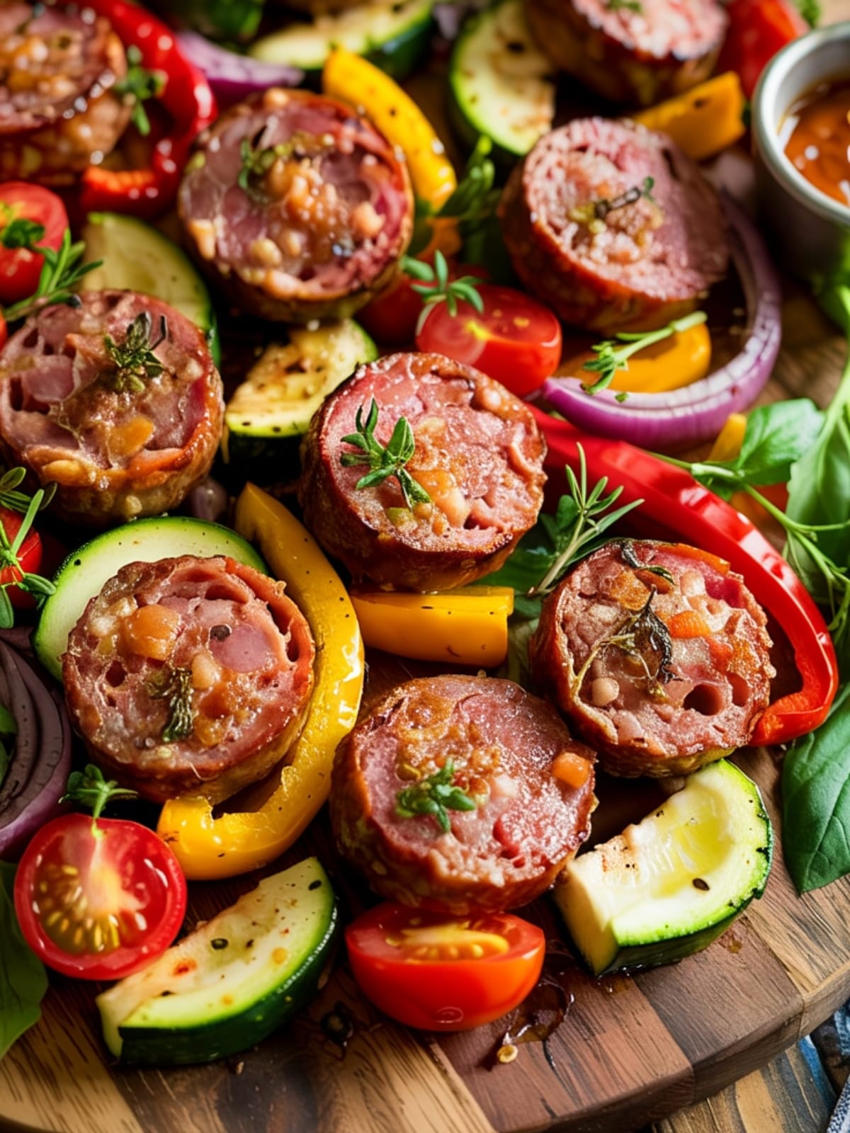 Air fryer sausage and colorful vegetables with caramelized edges on wooden platter