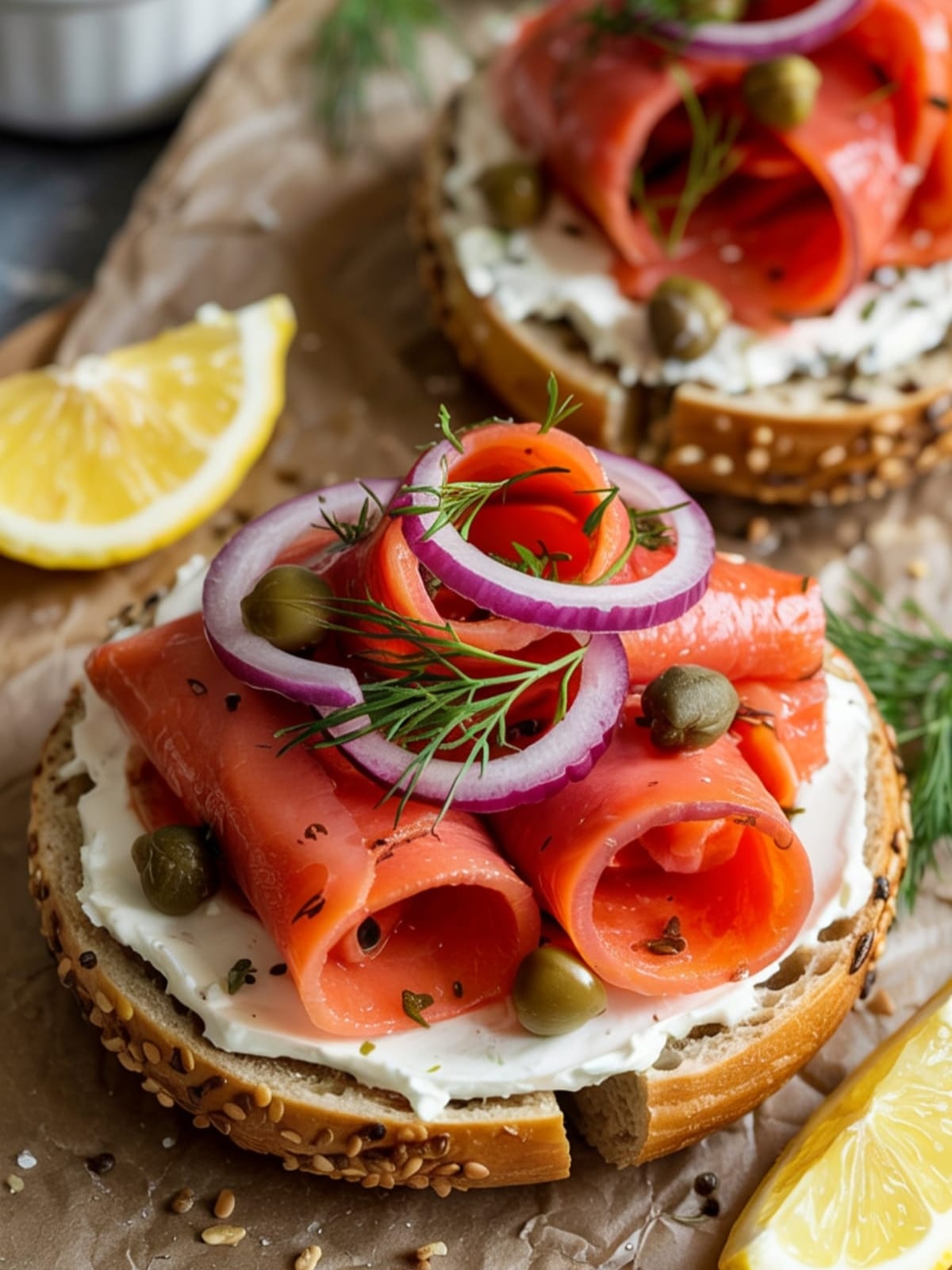 An artfully assembled vegan bagel topped with coral-hued carrot lox, capers, and dill on rustic wooden board
