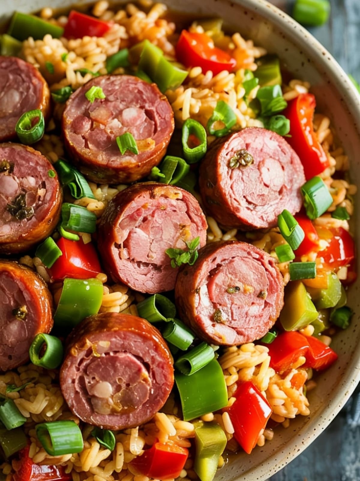 Bowl of Cajun sausage rice with charred sausage slices, peppers and hot sauce drizzle