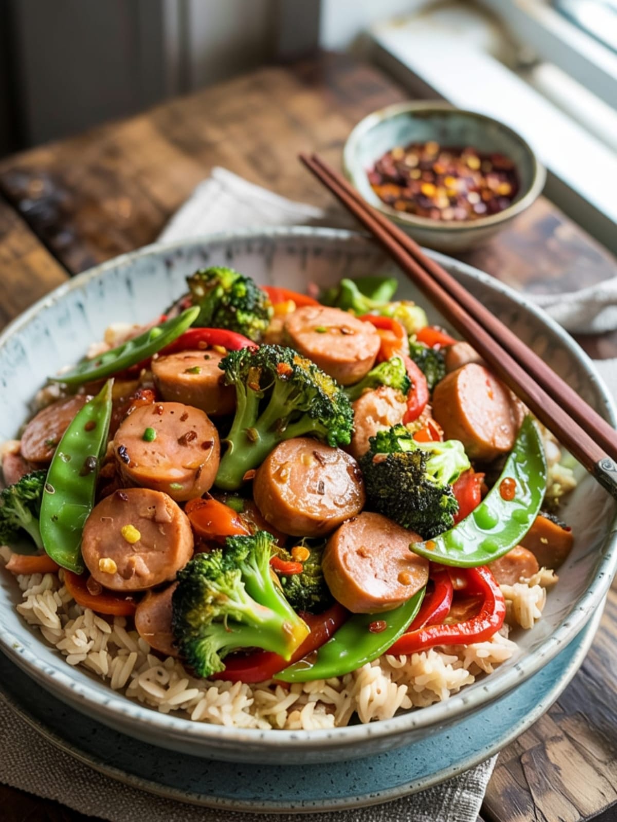 Bowl of chicken sausage stir-fry over brown rice with colorful vegetables and chopsticks