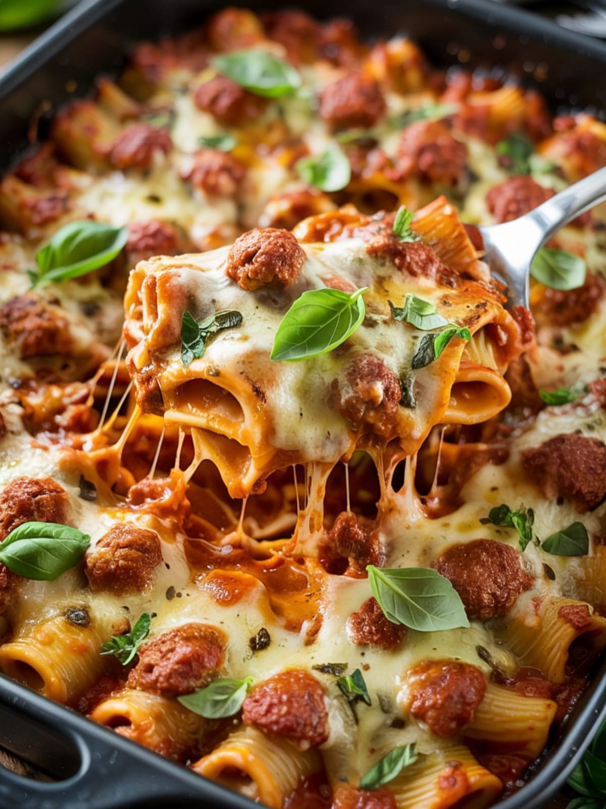Bubbling Italian sausage pasta bake with golden cheese crust and perfect cheese pull