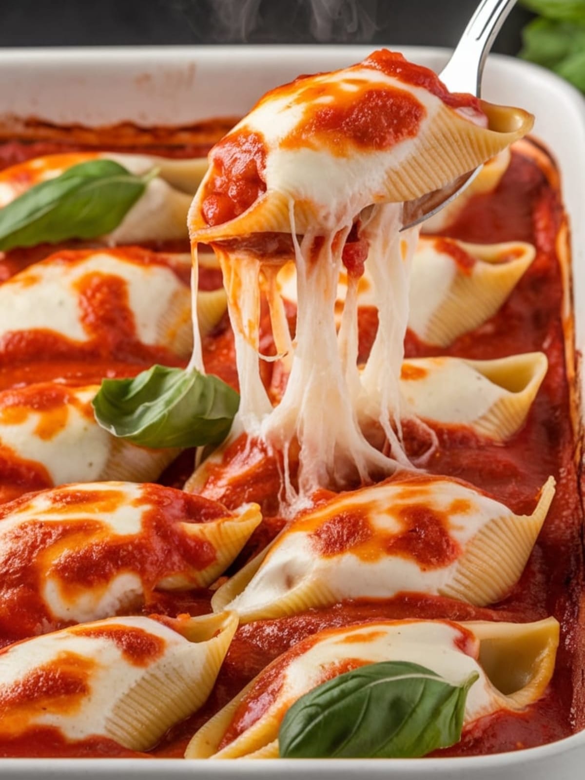 Bubbling baking dish of golden-topped sausage and ricotta stuffed shells with melted cheese pulls