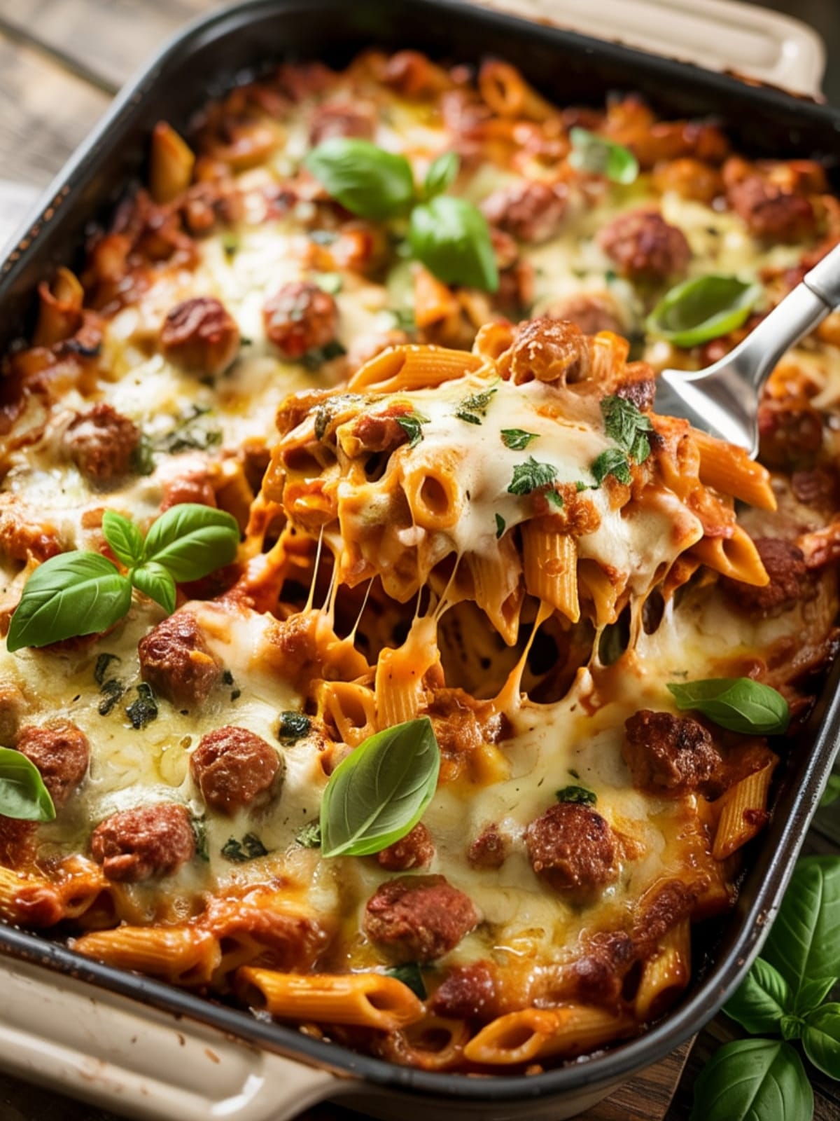 Bubbling golden baked penne casserole with melted cheese and Italian sausage being served
