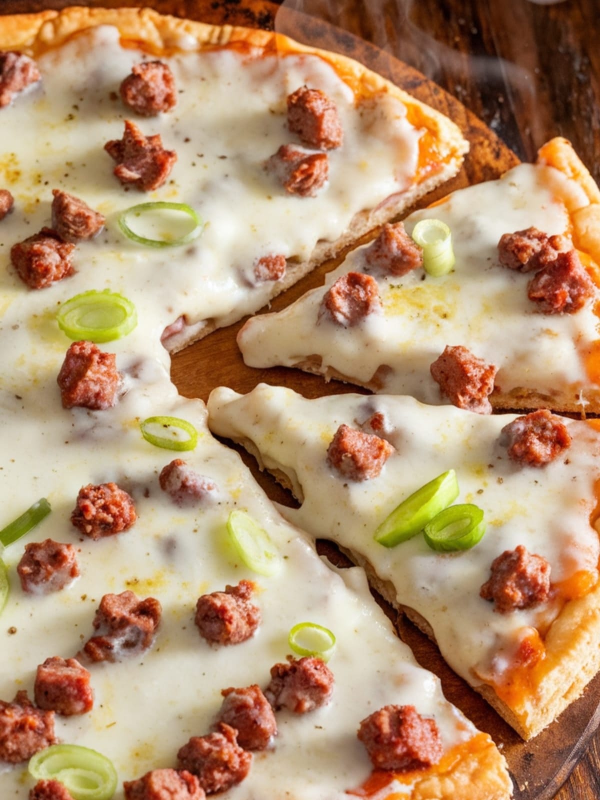 Bubbling hot sausage gravy pizza with melted cheese and golden biscuit crust