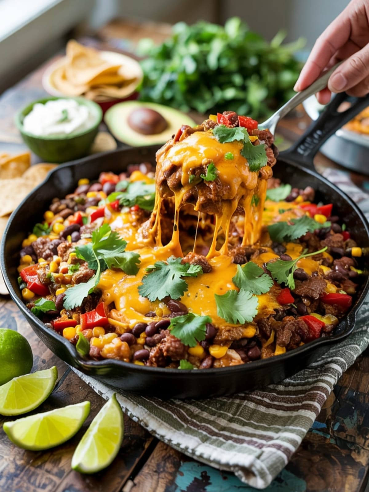 Cast iron skillet filled with cheesy beef taco mixture with melty cheese pulls and fresh toppings