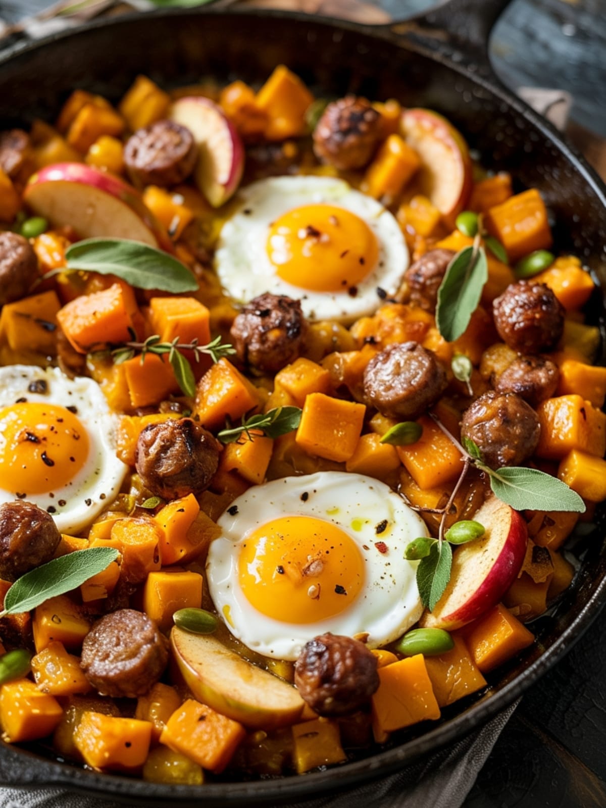 Cast iron skillet with colorful butternut squash apple hash, browned sausage and sunny-side up eggs