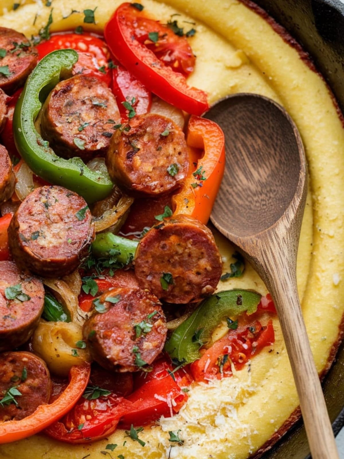 Cast iron skillet with creamy polenta topped with sausage, peppers and onions