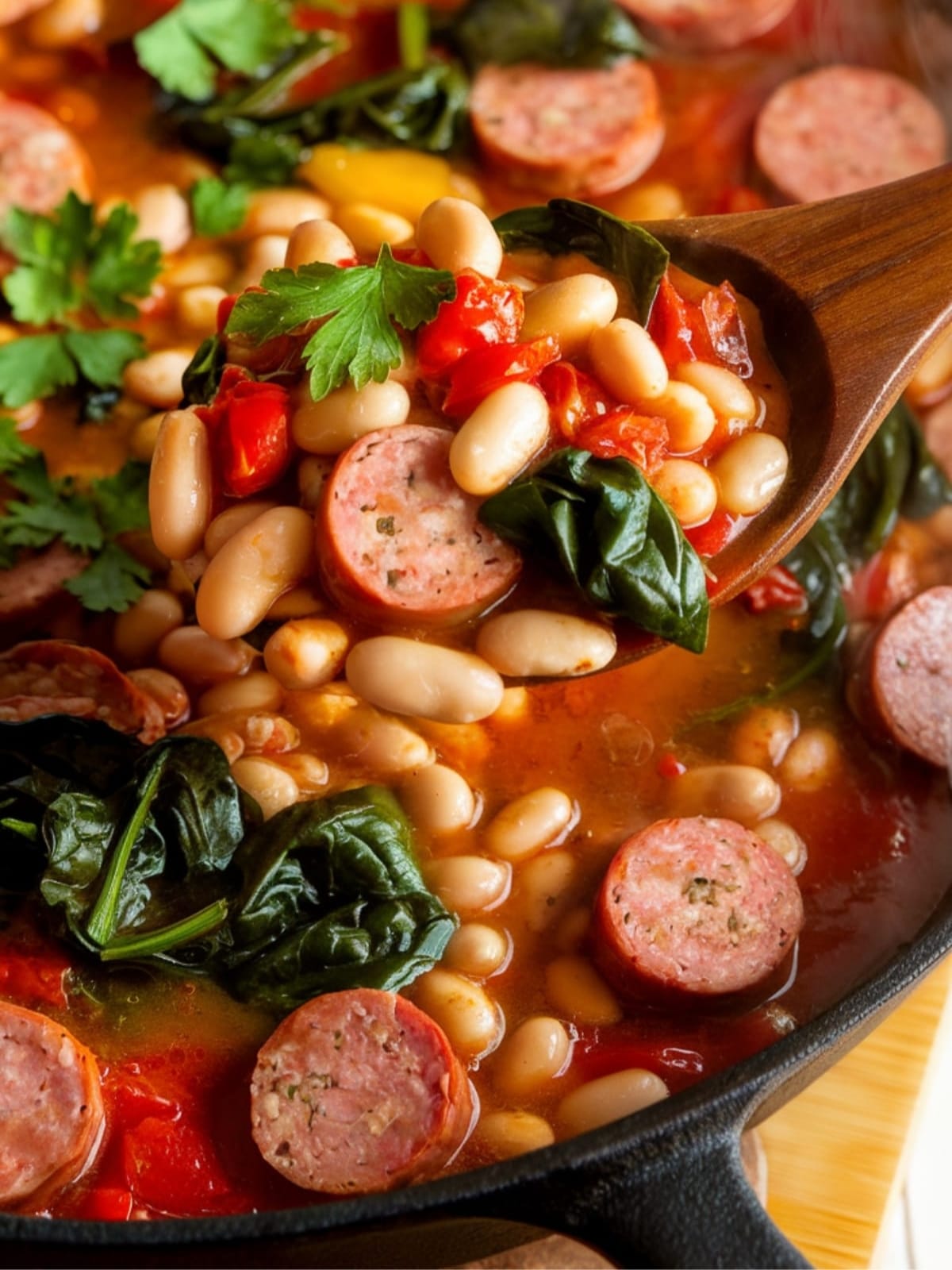 Cast iron skillet with golden sausage rounds and creamy white beans in savory broth